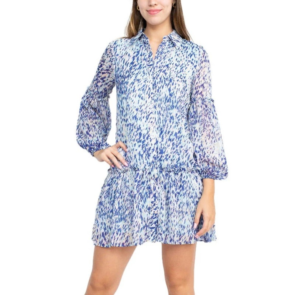 Laundry  Blue Collard Long Sleeves Cuffed Wrist ButtonFront Ruffle Dress Size 6
